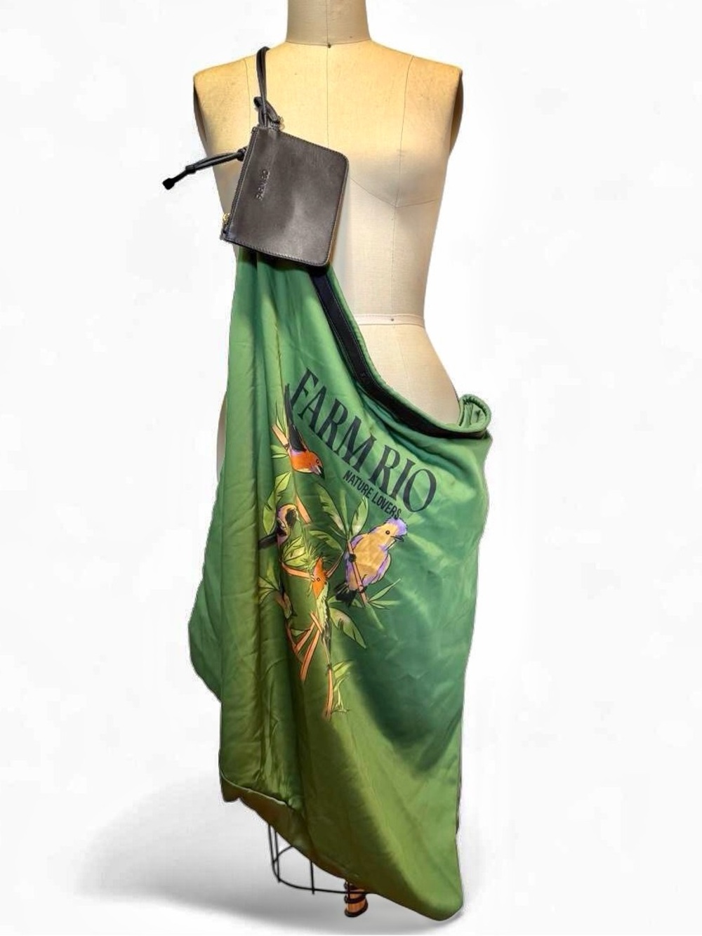 Green Farm Rio very oversized XXL green satin scarf bag with leather trim.